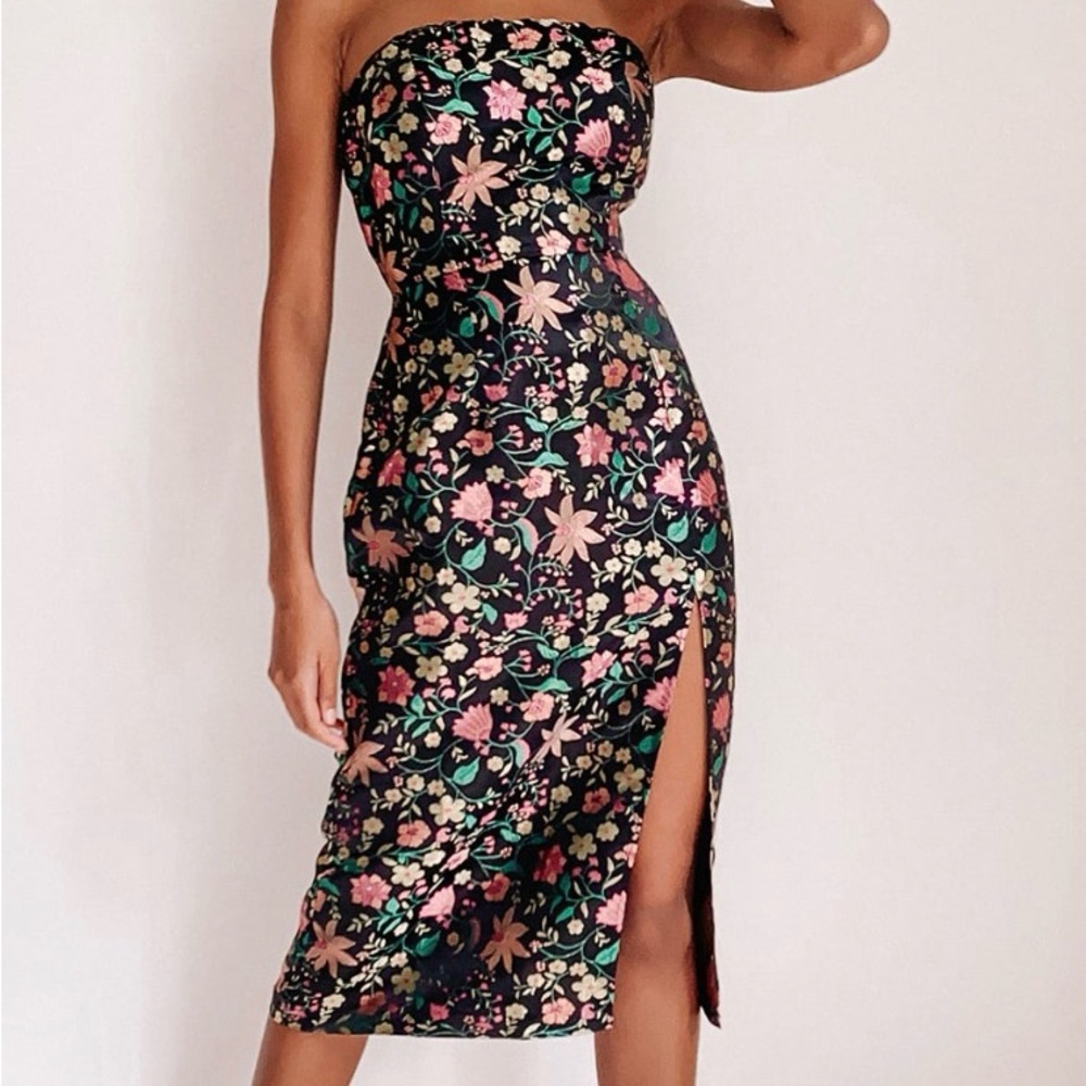 Lulus Make a Move Black Satin Floral Jacquard Strapless Midi Dress